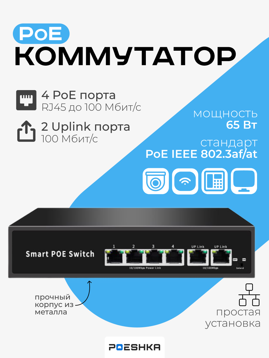 PoE коммутатор сетевой Switch, 4 POE порта RG45 на 100 Мбит/с (802.3 af/at), 2 Uplink порта 100 Мбит/с, Smart Свитч