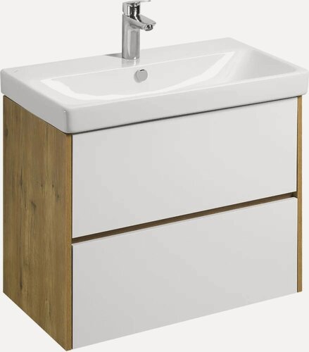 Изображение товара Тумба под раковину без столешницы AQUATON Сканди 80 подвесная, белая, светлое дерево, глянцевая, из ЛДСП, тумба для ванной, с ящиками