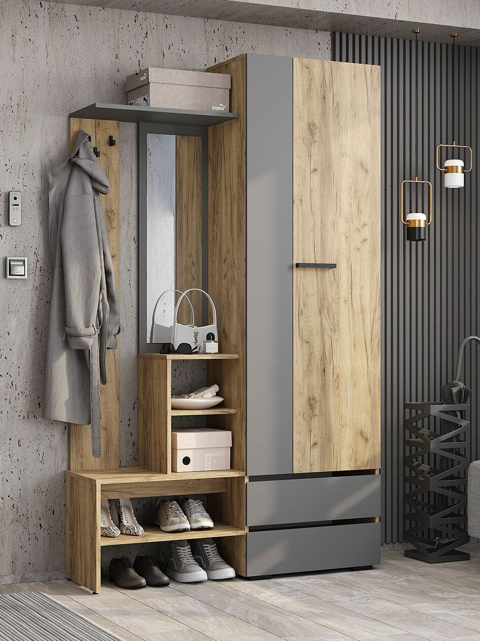 Прихожая комплект Асми с полками, с ящиками, с обувницей, с зеркалом, со штангой для одежды, 120.2х37.2х202 см, Крафт / Графит