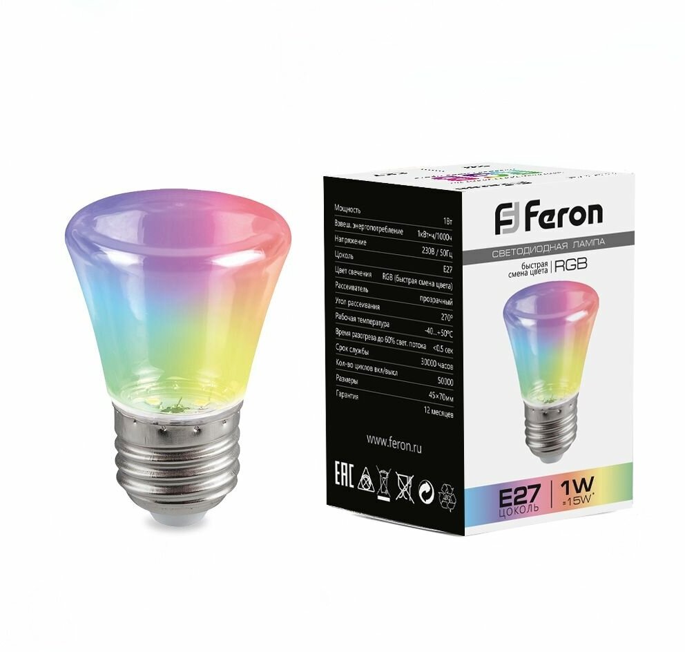 Лампа светодиодная Feron LB-372 Колокольчик прозрачный E27 1W RGB быстрая смена цвета 38131
