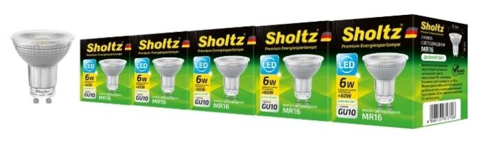 Комплект из 5 светодиодных энергосберегающих ламп Sholtz софит MR16 6Вт GU10 4200K 220В стекло/пластик (Шольц) LMR3177P