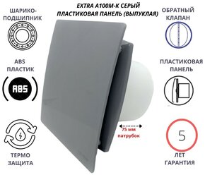 Вентилятор вытяжной с пластиковой серой панелью и обратным клапаном D100мм, MTG A100М, Сербия