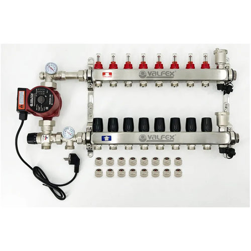 Комплект для водяного теплого пола с насосом до 130 кв/м Коллектор 8 контуров, евроконус 3/4'х16(2.0) VALFEX комплект для водяного теплого пола до 130 кв м коллектор 8 контуров