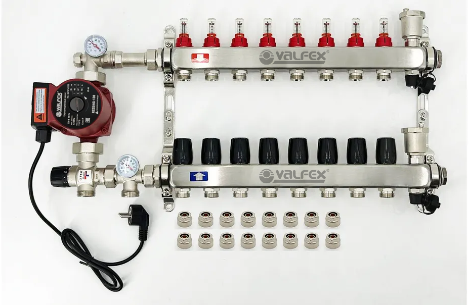 Комплект для водяного теплого пола с насосом до 130 кв/м Коллектор 8 контуров евроконус 3/4'х16(2.0) VALFEX