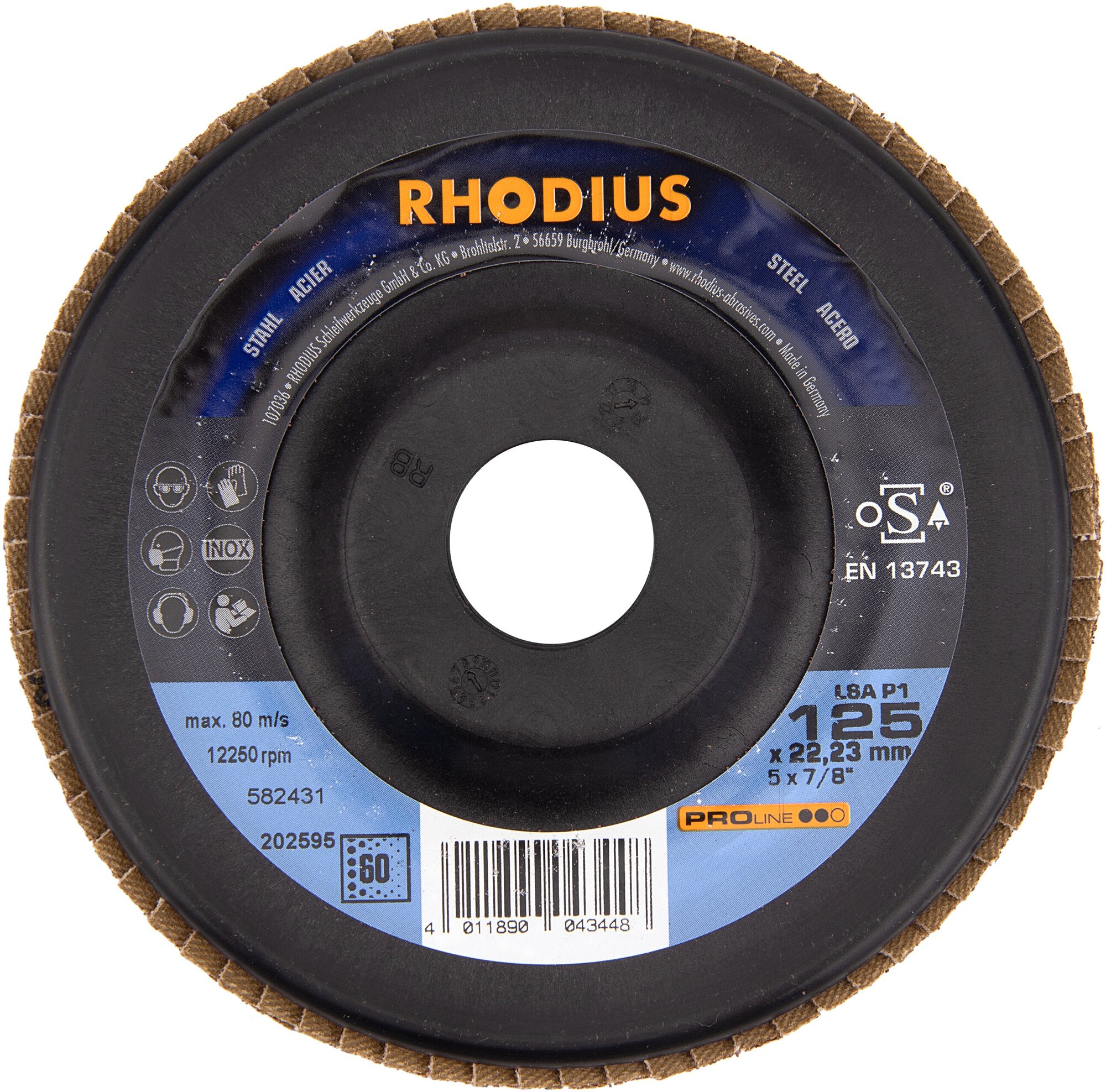 Универсальный наклонный шлифовальный круг RHODIUS из корунда по стали дереву для болгарки/УШМ P60 125x2223 мм