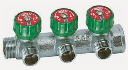 Изображение товара Коллектор Far регулирующий 1" (ВР-НР) с 3 отв. 1/2" НР (межосев. 45 мм)