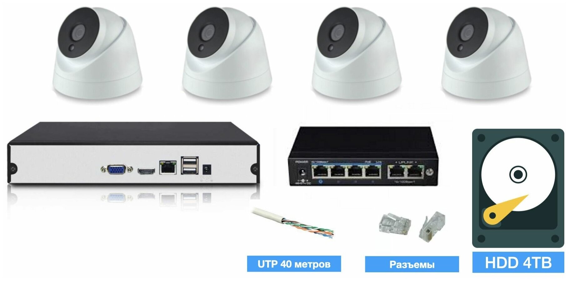 Полный IP POE комплект видеонаблюдения на 4 камеры (KIT4IPPOE04M5B_HDD4TB_UTP)