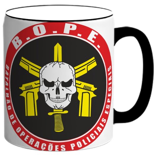 фото Кружка b.o.p.e , череп с пистолетами на черном фоне drabs