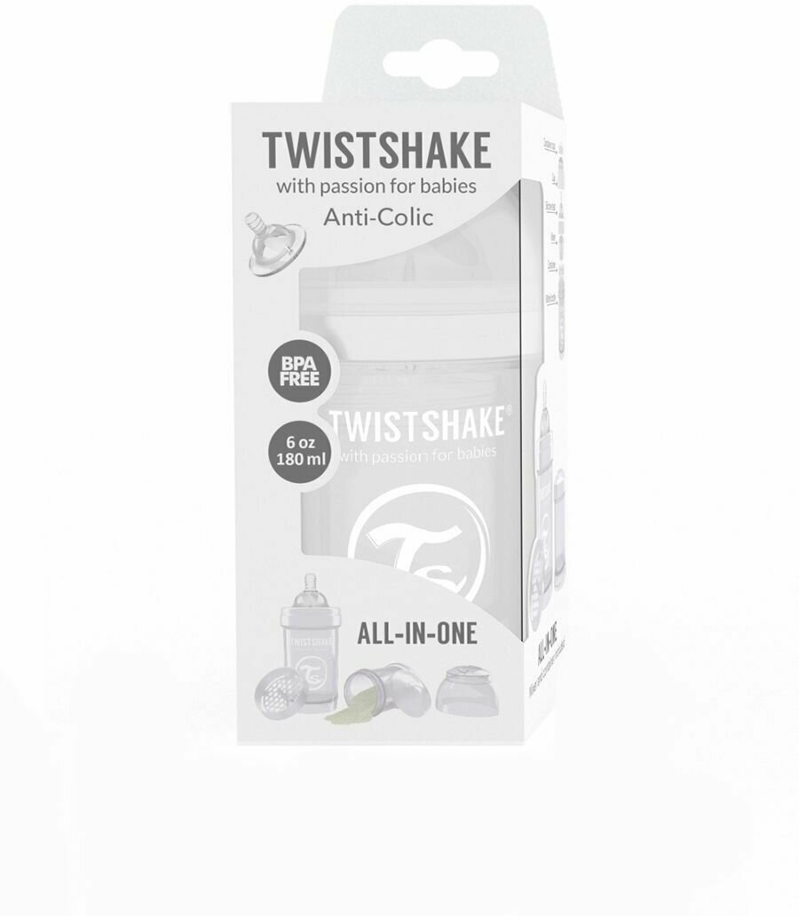 Антиколиковая бутылочка для кормления с соской от 0+ мес, 180 мл, Twistshake, цвет: белый (White)