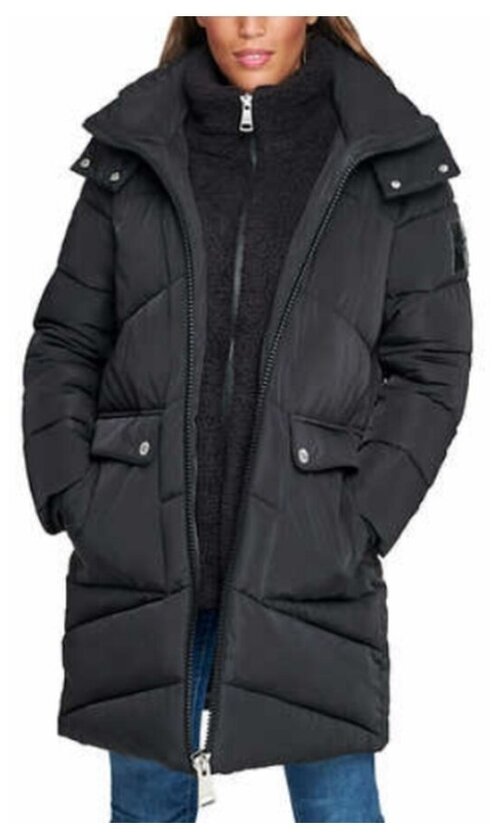 Куртка Calvin Klein S женская черная до колена c капюшоном на молнии и флисовым воротом Winter Puffer Full zip Removable Hood Coat Parka