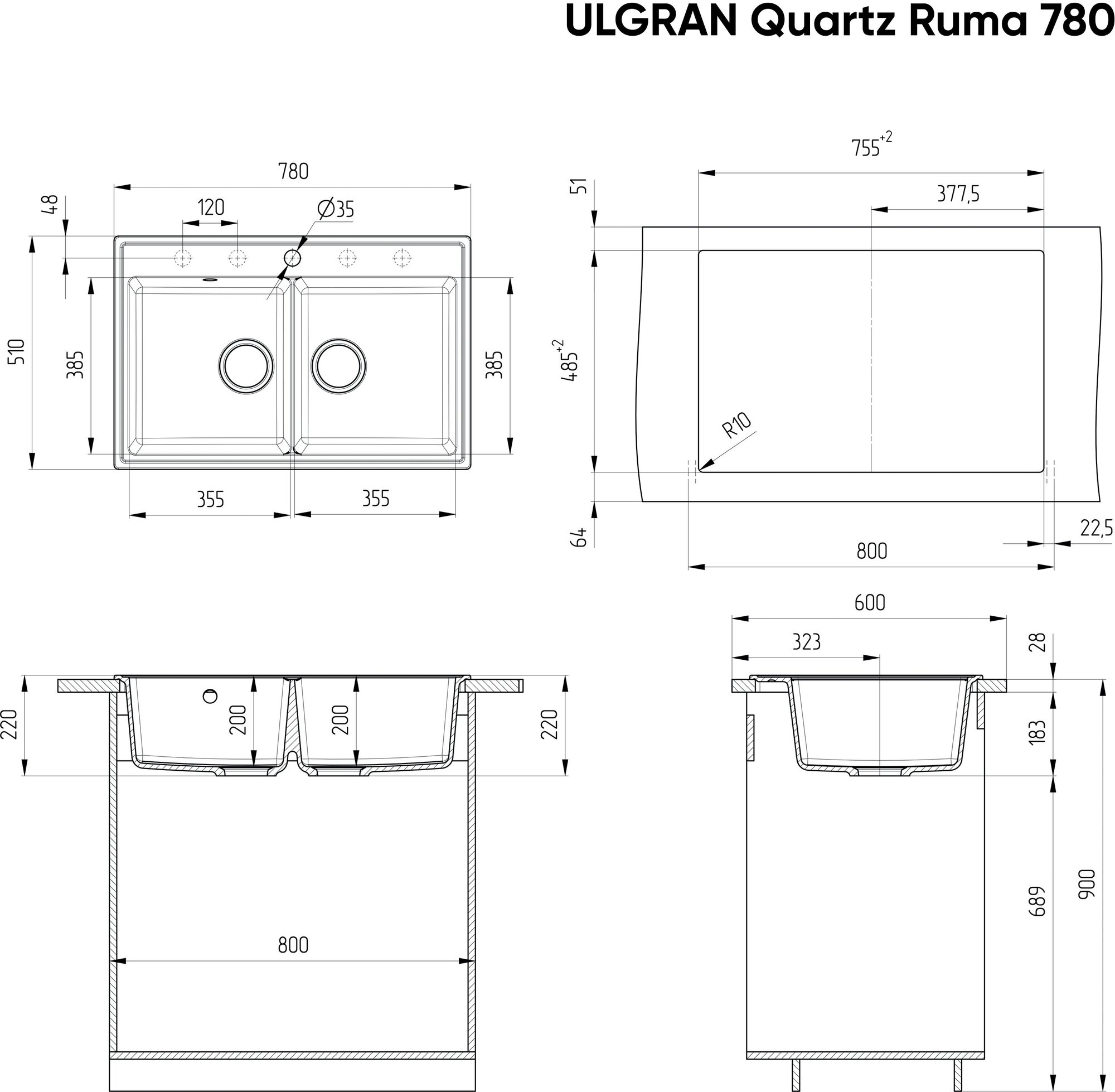 Мойка ULGRAN Quartz Ruma 780-01 жасмин - фотография № 2