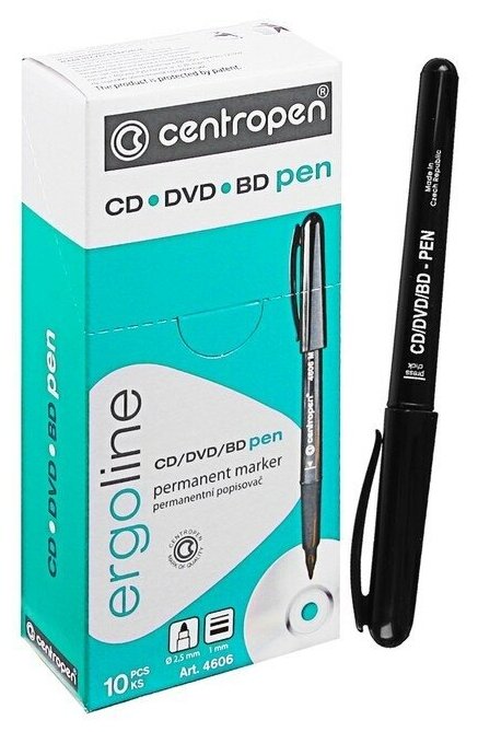 Mаркер для CD/DVD 2.5 мм Centropen, линия 1 мм, цвет чёрный, 10 шт