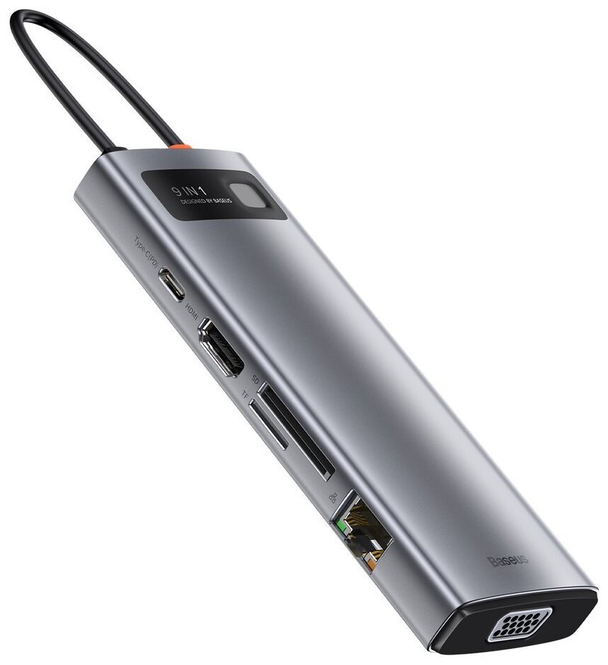 USB-C хаб Baseus Metal Gleam Series 9-in-1 Multifunctional HUB PD 100W SD/Micro SD 3USB/1USB-C/1HDMI 4K 30Hz/VGA/1Ethernet тёмно-серый CAHUB-CU0G