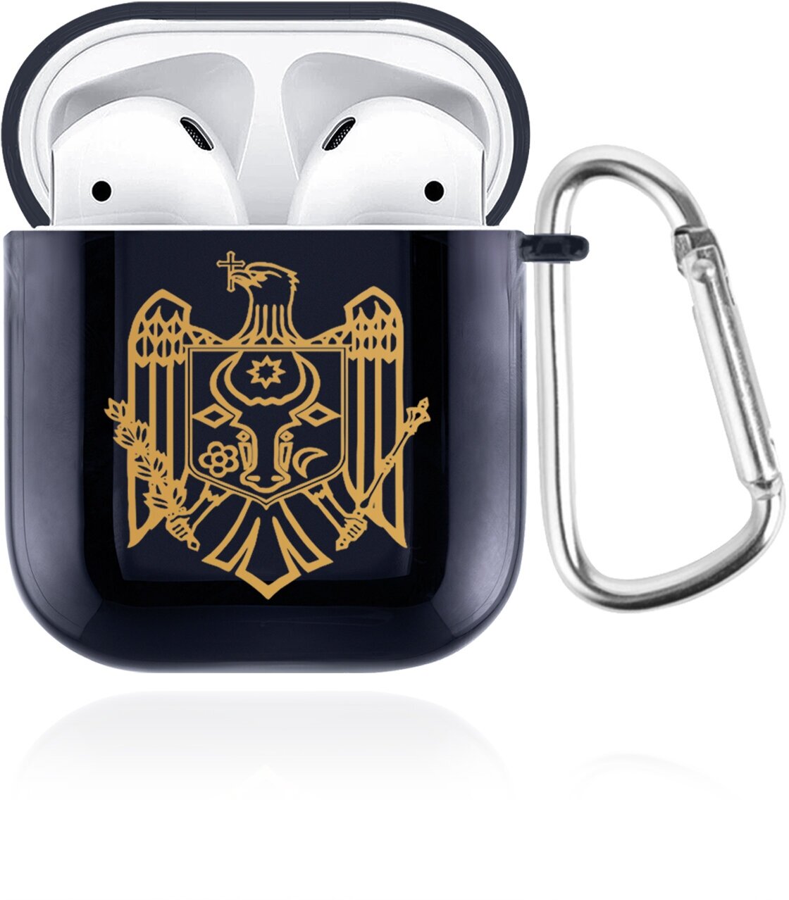 Темно-синий силиконовый чехол SignumCase для наушников Apple AirPods 2 Золотой Герб Молдавии/ Молдовы