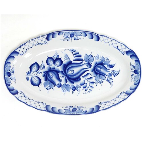 Блюдо овальное 350 мм Вырезной край Гжель Тюльпан