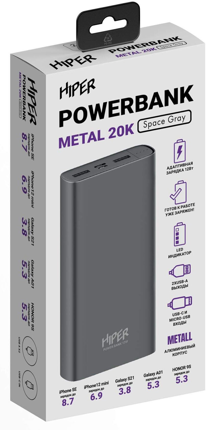 Внешний аккумулятор (Power Bank) HIPER Metal20K, 20000мAч, темно-серый [metal 20k space gray] - фото №5