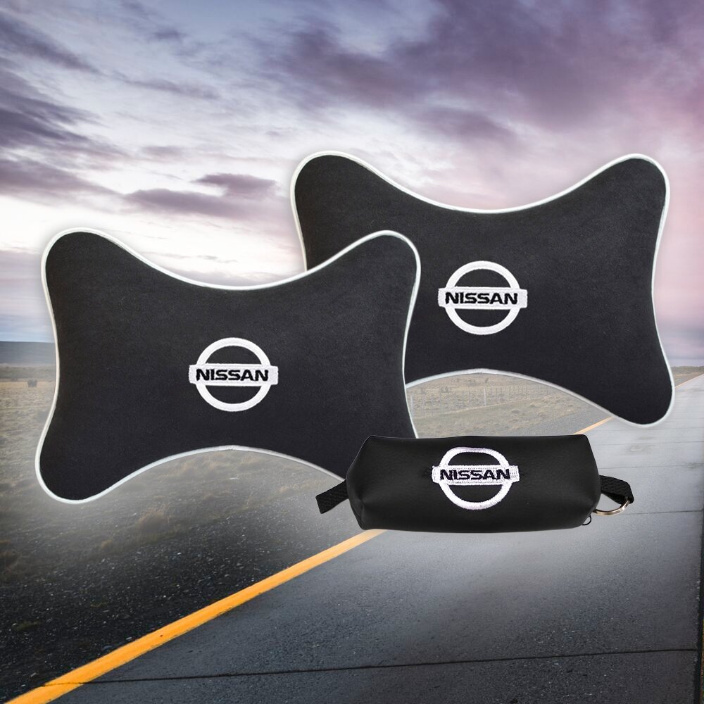 Подарочный набор автомобилиста из черного велюра для Nissan (ниссан) (две подушки под шею на подголовник и ключница)