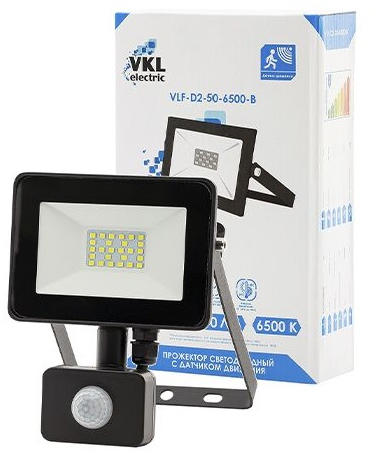 Прожектор LED с дат. движ.50W VLF-D2-50-6500-B 6500К 6000Лм 220V IP65 (руч. рег) чер. VKL electric
