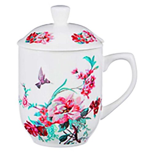фото Кружка заварочная millimi волшебные цветы с металлическим ситечком 360мл, костяной фарфор, красные цветы
