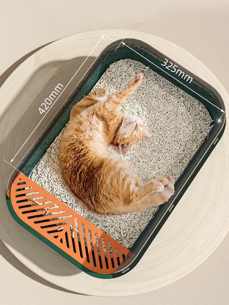 Лоток для кошек с высокими бортами / Туалет для кошек / Зеленый с оранжевым. Игрушка + пеленка + совок в подарок - фотография № 4