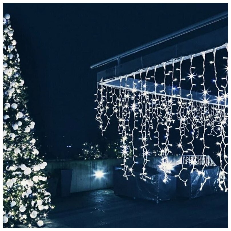 Новогодняя электрическая гирлянда уличная бахрома 12 метров занавес светодиодная растяжка с коннектором уличная электрогирлянда на дом холодный белый