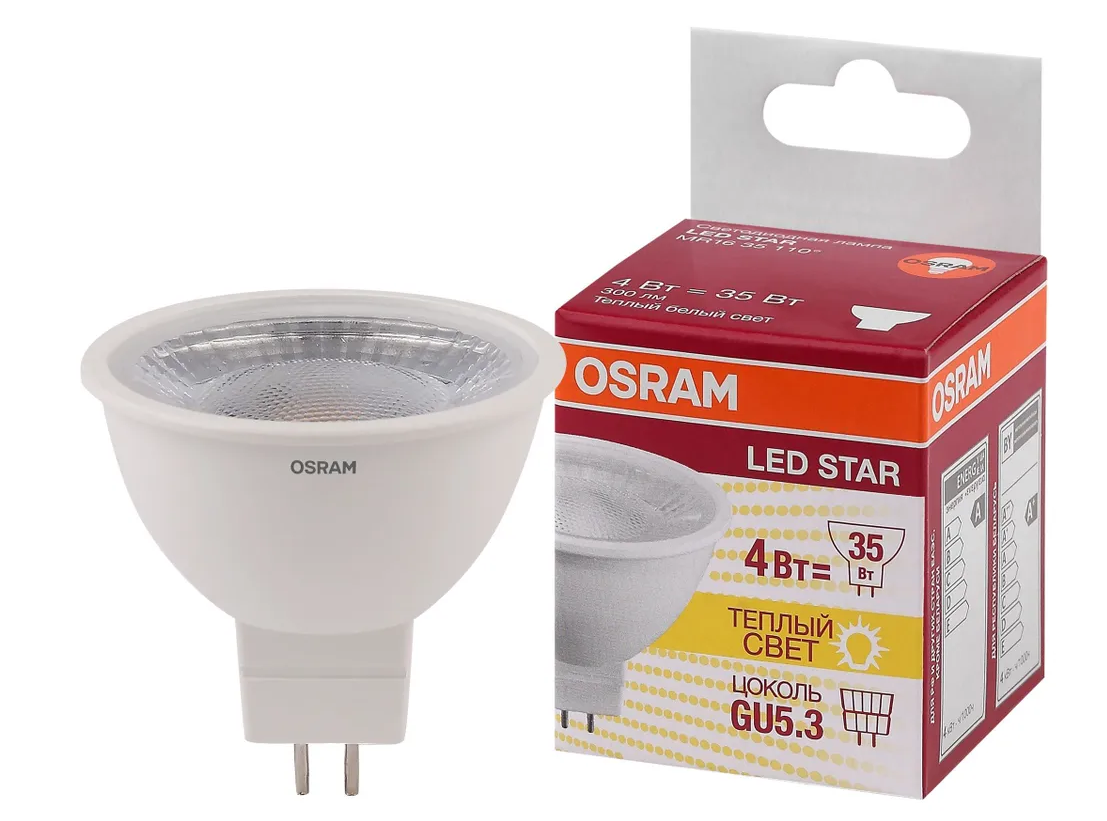 Лампа Osram LED Star MR16, 300лм, 4Вт, 3000К, теплый белый свет, Софит, GU5.3, светодиодная