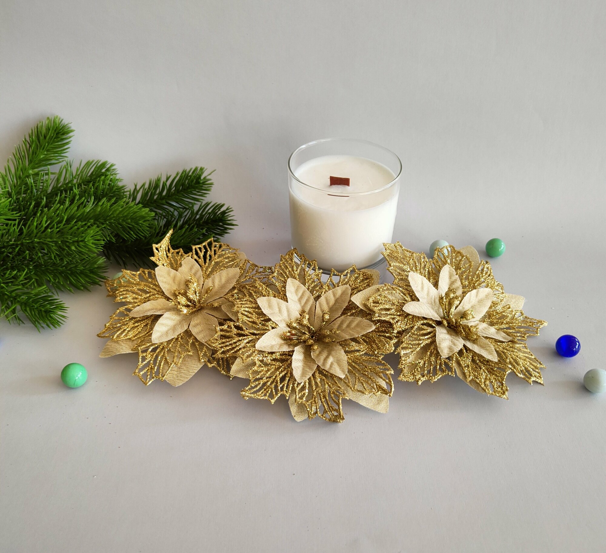 Новогодние украшение, Пуансеттия, Елочная игрушка цветок сияние, набор из 3 шт. (Золото)