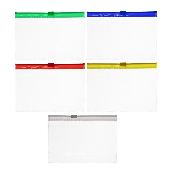 Calligrata Набор Папка-конверт на молнии формат 5 штук, 5 цветов, А6, 120 мкр, прозрачная, молния 13 х 9см
