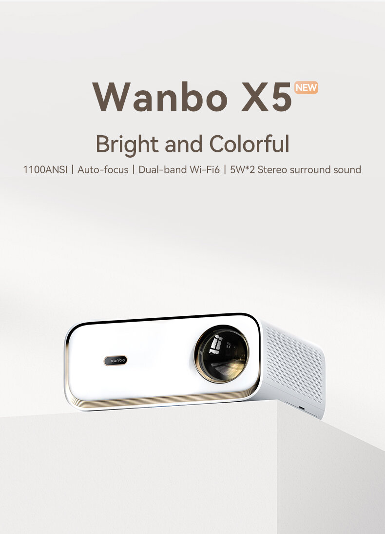 Портативный проектор Wanbo Projector X5 (Android 9.0, 1100 ANSI люмен, 1+16G, автофокус, стереозвук, двухчастотный Wi-Fi6, EU)