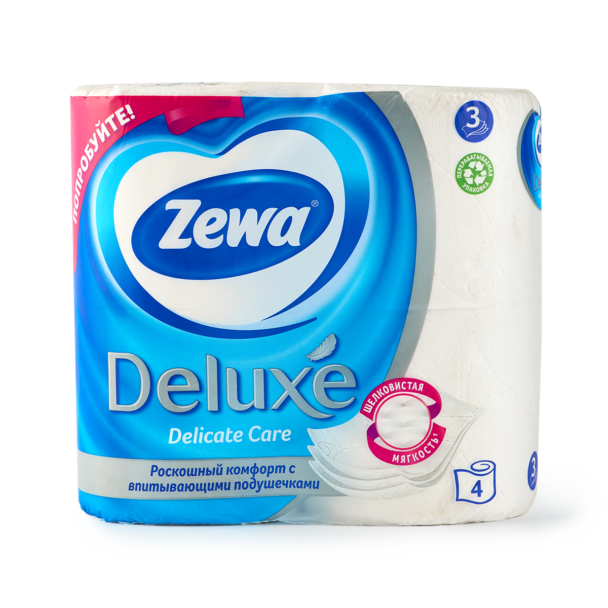 Туалетная бумага Zewa Deluxe, 3 слоя, белая, без запаха, 4 рулона