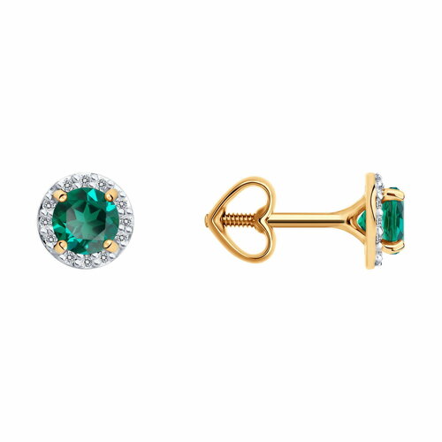 фото Серьги пусеты diamant online, красное золото, 585 проба, изумруд синтетический, бриллиант, длина 0.6 см, , бирюзовый