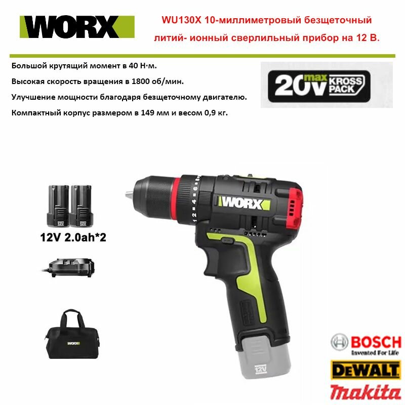 WORX WU130X 12 В 40 м 2,0 Ах 2 шт. батарея бесщеточный двигатель Беспроводная электрическая дрель 1800 об/мин
