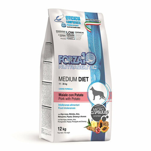Forza10 Medium Diet Low Grain сухой полнорационный диетический корм для взрослых собак средних пород со свининой, картофелем и рисом с микрокапсулами - 12 кг