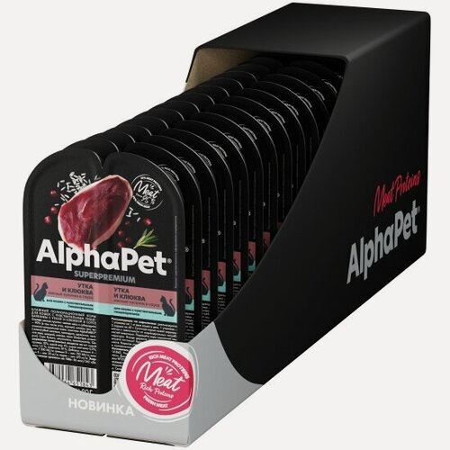 Изображение товара Корм влажный Alphapet Superpremium полнорационный, для кошек с чувствительным пищеварением «Утка и клюква мясные кусочки в соусе», 15шт х80г.