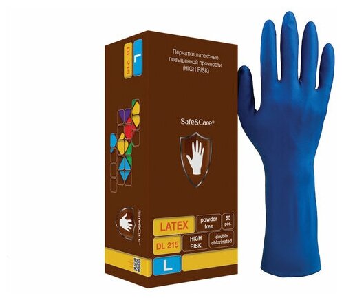 Перчатки латексные смотровые комплект 25 пар (50шт), повышенной прочности, размер L (большой), удлиненные, синие, SAFE&CARE High Risk