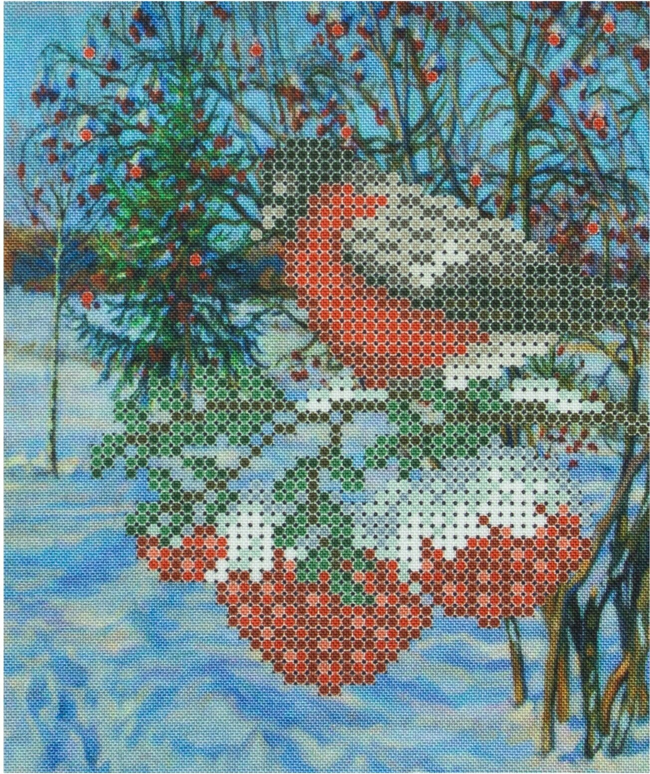Ткань с рисунком для вышивки бисером каролинка Снегирь, 13*16см, 1шт