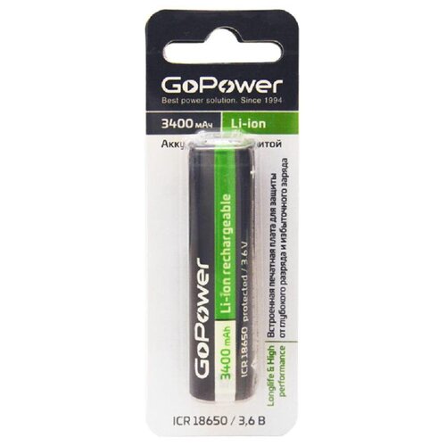 Аккумулятор Li-ion GoPower 18650 BL1 3.6V 3400mAh с защ выс/кон аккумулятор li ion gopower 18650 bl1 3 7v 2000mah с защитой выс конт