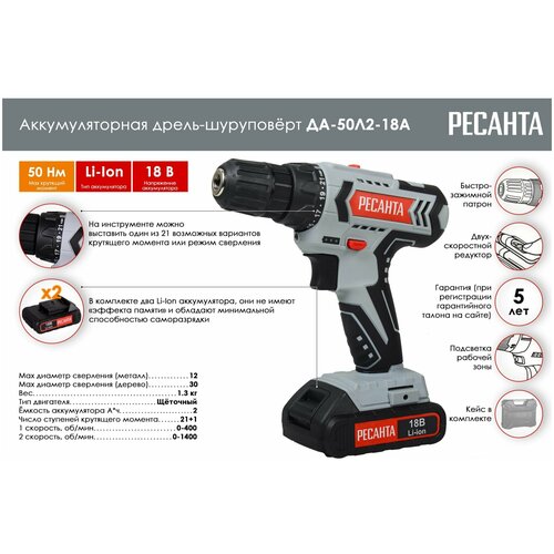 Дрель-шуруповерт аккумуляторная Ресанта ДА-50Л2-18А в кейсе подарок рулетка вихрь 759000₽