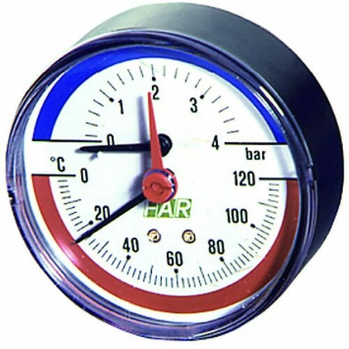 Термоманометр 0-4 бар с температурной шкалой 0-120C (80 мм, торцевое соединение 1/2