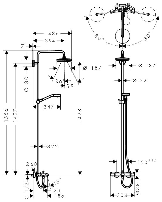 Croma Select S 180 2 jet 27351400 Душевая система для ванны (1/2", термостат, 20 л/мин) Hansgrohe - фото №2