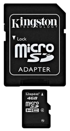 Карта памяти Kingston microSDHC 4 ГБ Class 4, R 4 МБ/с, адаптер на SD