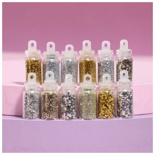 Блёстки для декора «Звездопад», мелкие/средние/крупные, 12 бутылочек, разноцветные
