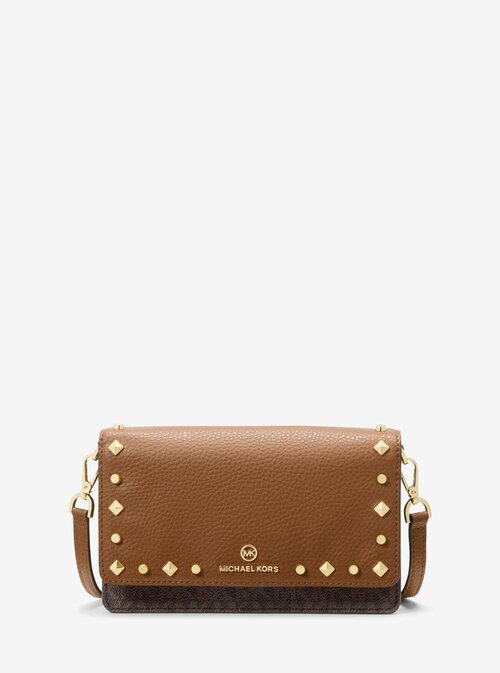 Сумка Michael Kors коричневая с клапаном и золотистыми заклепками через плечо Jet Set Small Studded Faux Leather And Logo Smartphone Crossbody Bag