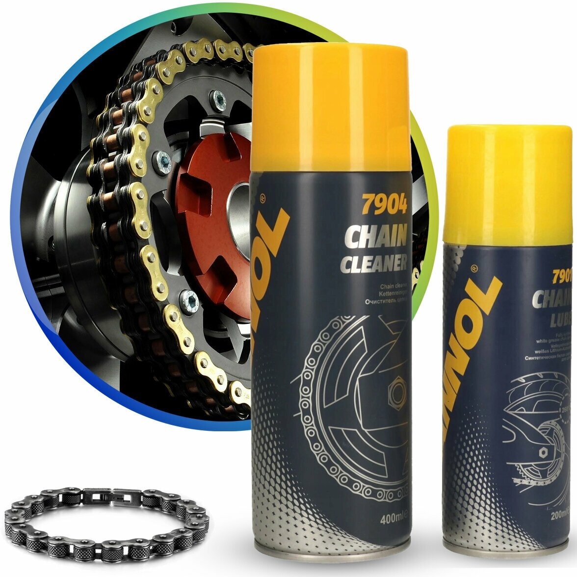 фото Комплект Mannol для ухода за цепью мотоцикла: очиститель цепи и смазка для цепи