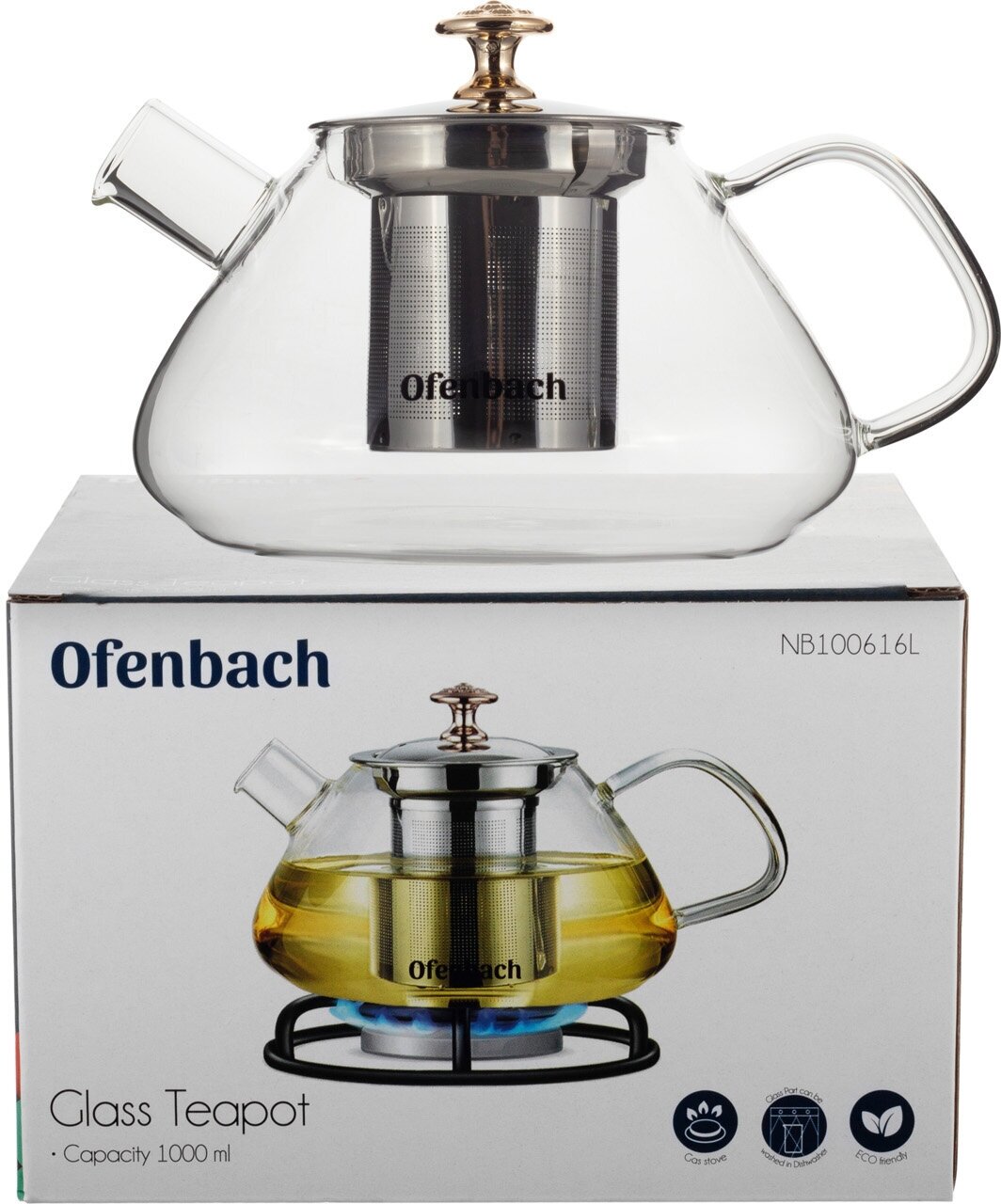 Стеклянный заварочный чайник 1 л. Ofenbach NB 100616L с ситечком