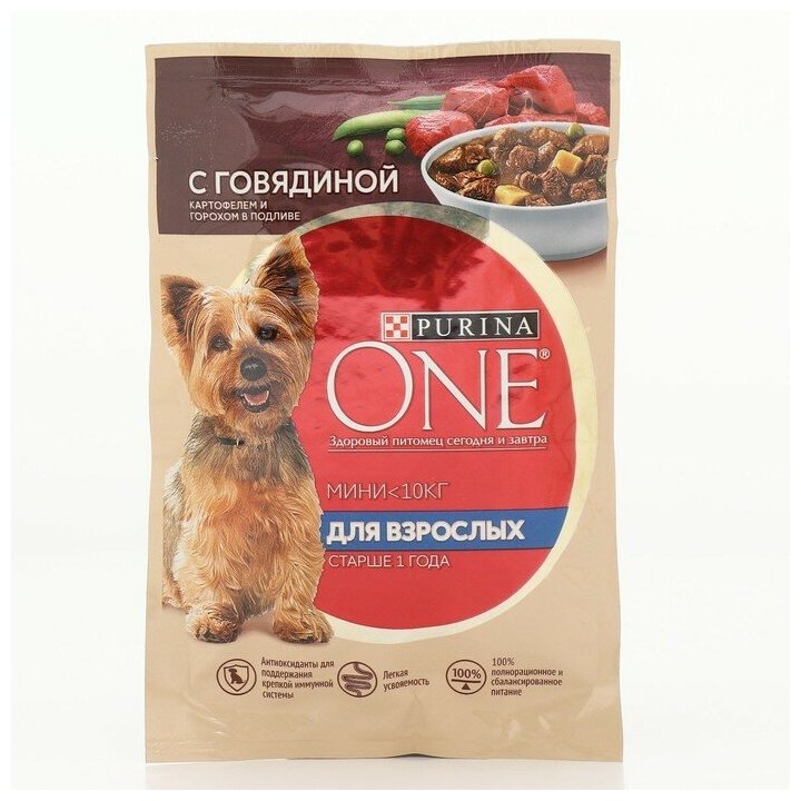 Влажный корм Purina One mini для взрослых собак говядина/Картофель/горох в подливе, 85 г - фотография № 1