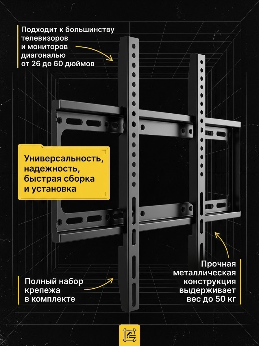 Кронштейн для телевизора на стену, фиксированный, 26 - 60 дюймов — фото 1