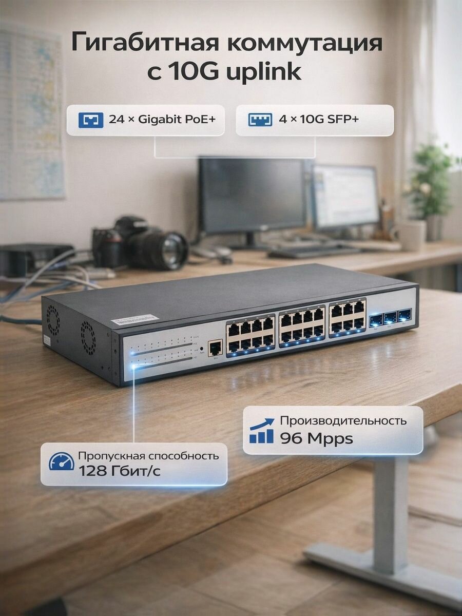 Управляемый стекируемый PoE-коммутатор CYONICE S2000-24GTP4XP: 24 1 Гбит/с PoE + 4 10 Гбит/с SFP+ up