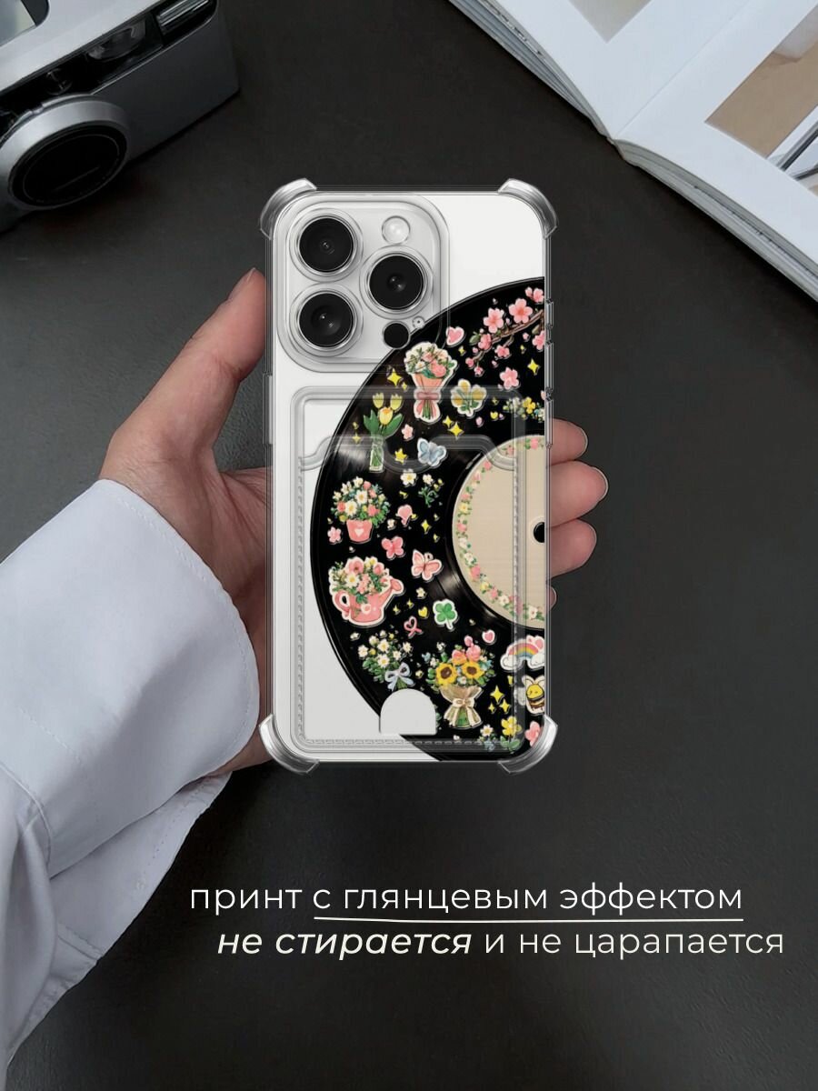 Чехол на Apple iPhone 15 Pro (Айфон 15 Про) с картой и принтом Виниловая пластинка с наклейками — фото 1