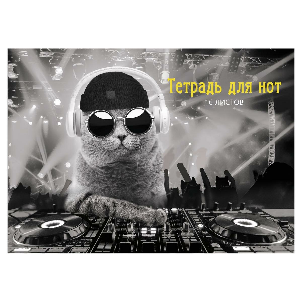 Тетрадь для нот А4 16л "DJ Кот", мелованный картон, горизонтальная линовка